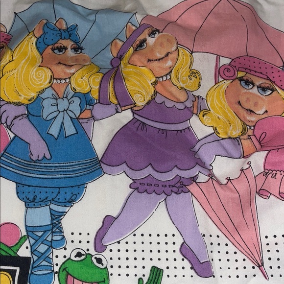Vintage Lady Pepperell Miss Piggy Kermit Queen Flat Sheet Fabric DIY Jim Henson - Picture 2 of 5